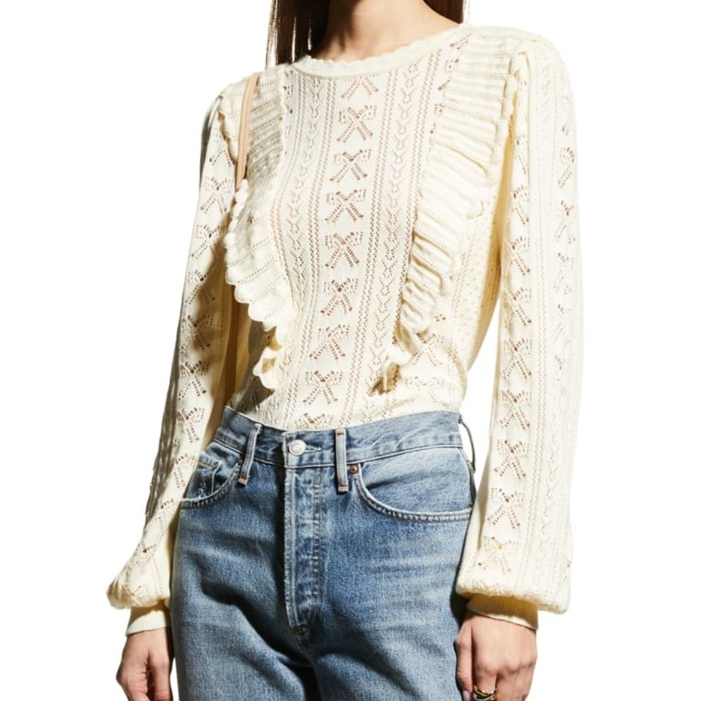 LoveShackFancy Ancora Ruffle Pointelle Knit Sweater in cream size Large NWT
